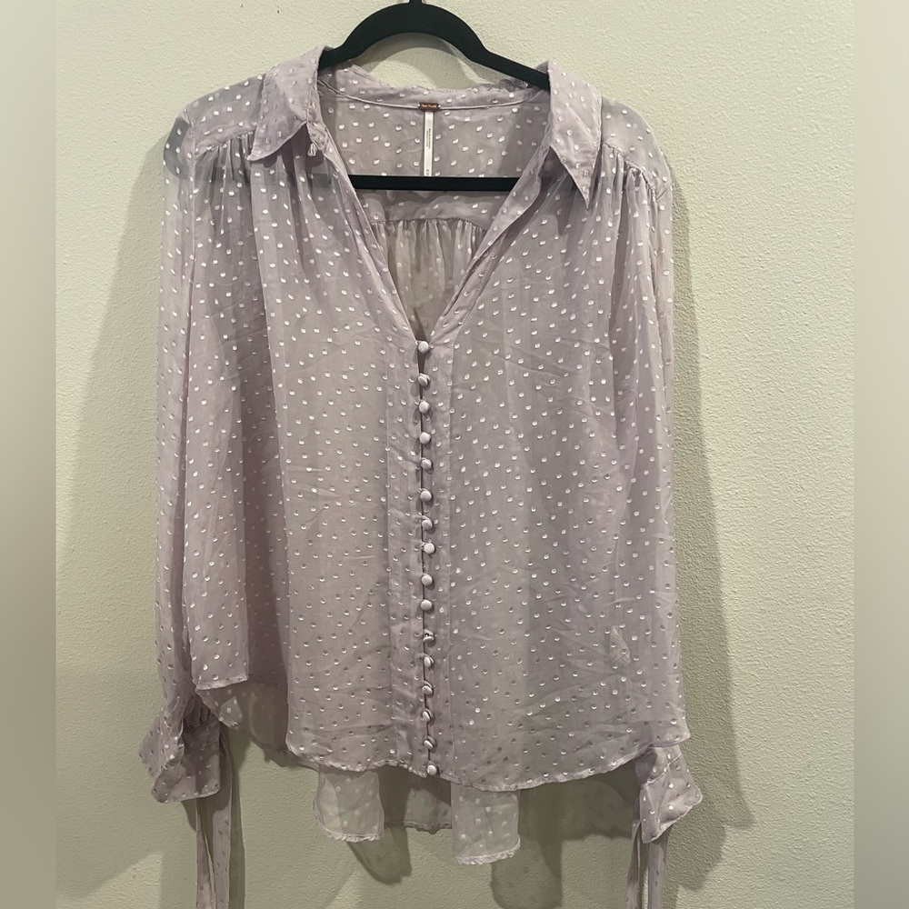 Free People Sheer Lilac Purple Flowy Oversized Collared Button Up Long Sleeve